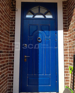 Уличная синяя дверь со стеклянной вставкой сверху
